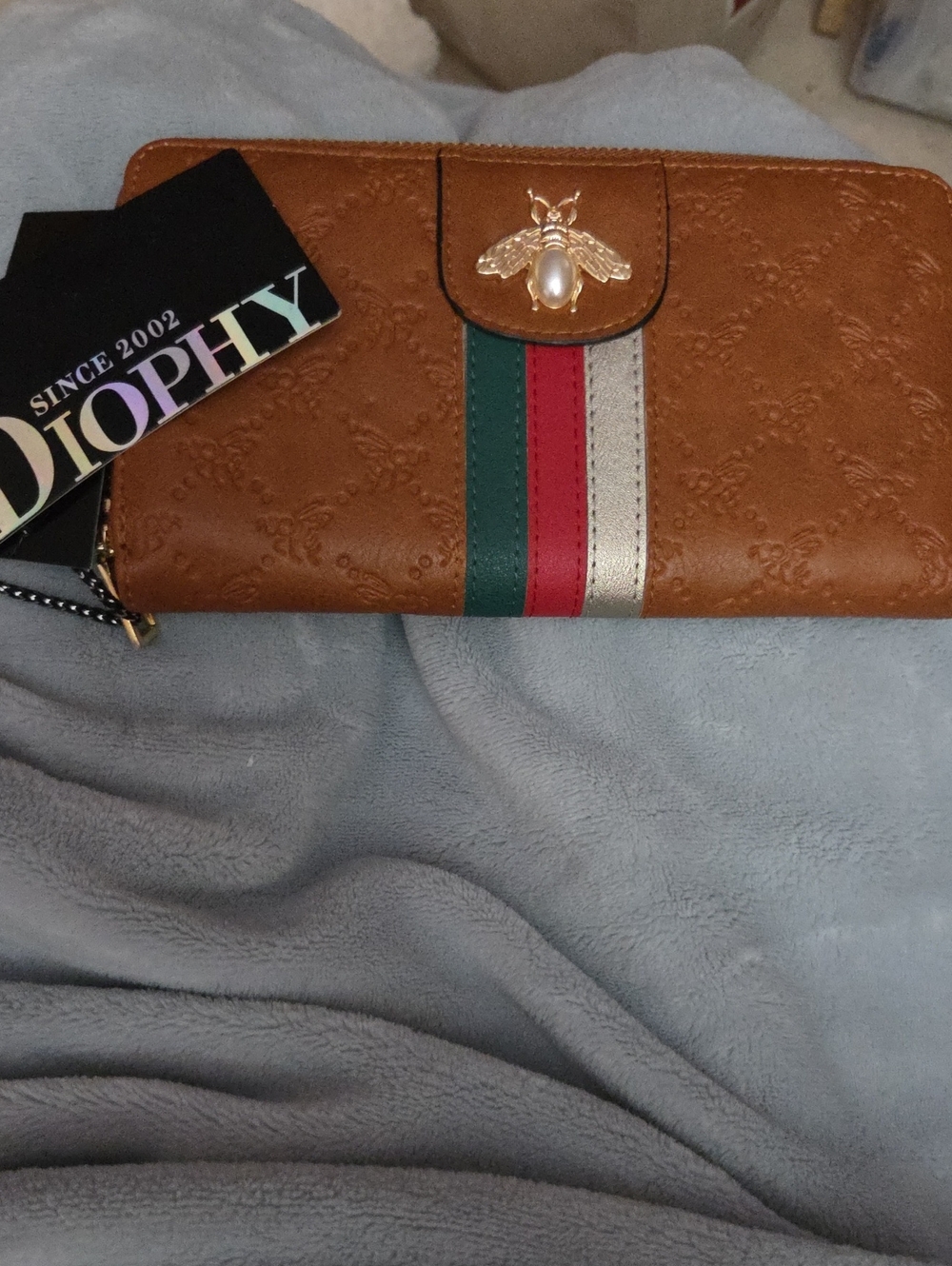 Wallet Women’s Brown Zip-Around with Green-Red-Silver Stripe W/ Bee Accent NWOT